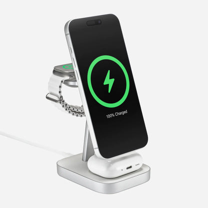 Charging stand for Apple products showing 3 different devices charging at once